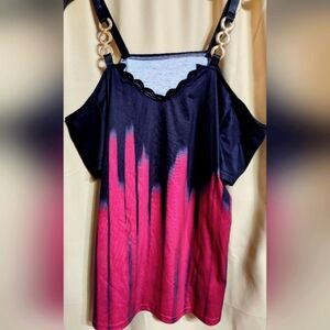 Women's Black and Red Cold Shoulder Top Gold Accents